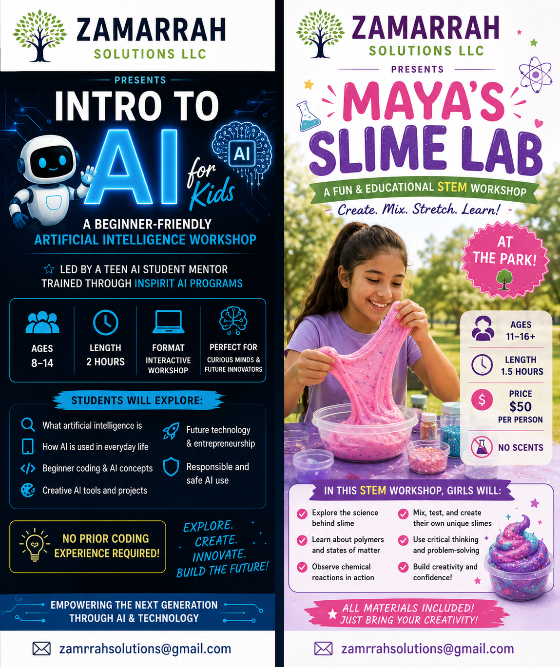 Flyers for Zamarrah Intro to AI for Kids and Maya's Slime Lab